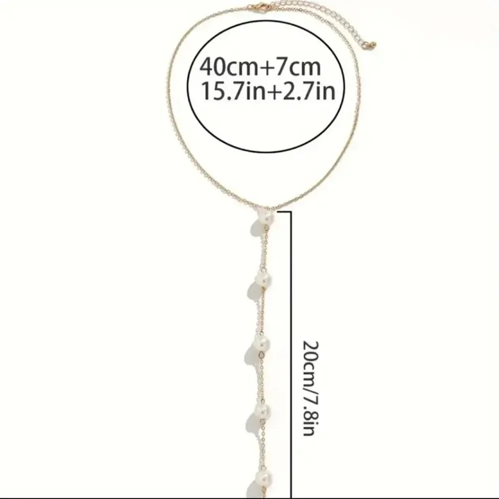 Pearl Y Shaped Necklace Long Pendant Dainty Pearl Drop Silvery or Golden Chain - Picture 3 of 13